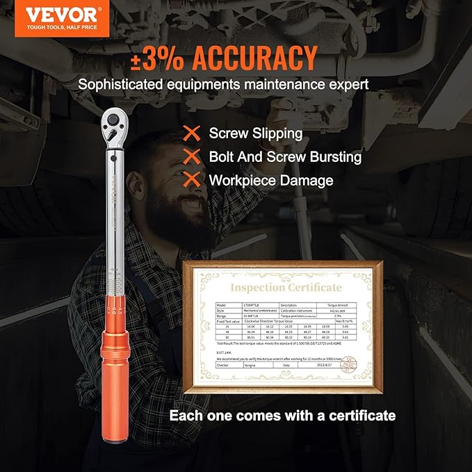 VEVOR 3/8-inch Drive Click Torque Wrench 10-80ft.lb/14-110n.m, Dual-Direction Adjustable Torque Wrench Set with Mechanical Dual Range Scales and Adapters Extension Rod