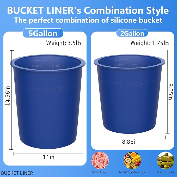 2PCS Bucket Liner, Blue Silicone Bucket Insert for 5 & 2 Gallon Buckets, Reusable for Concrete Mix & Thinset