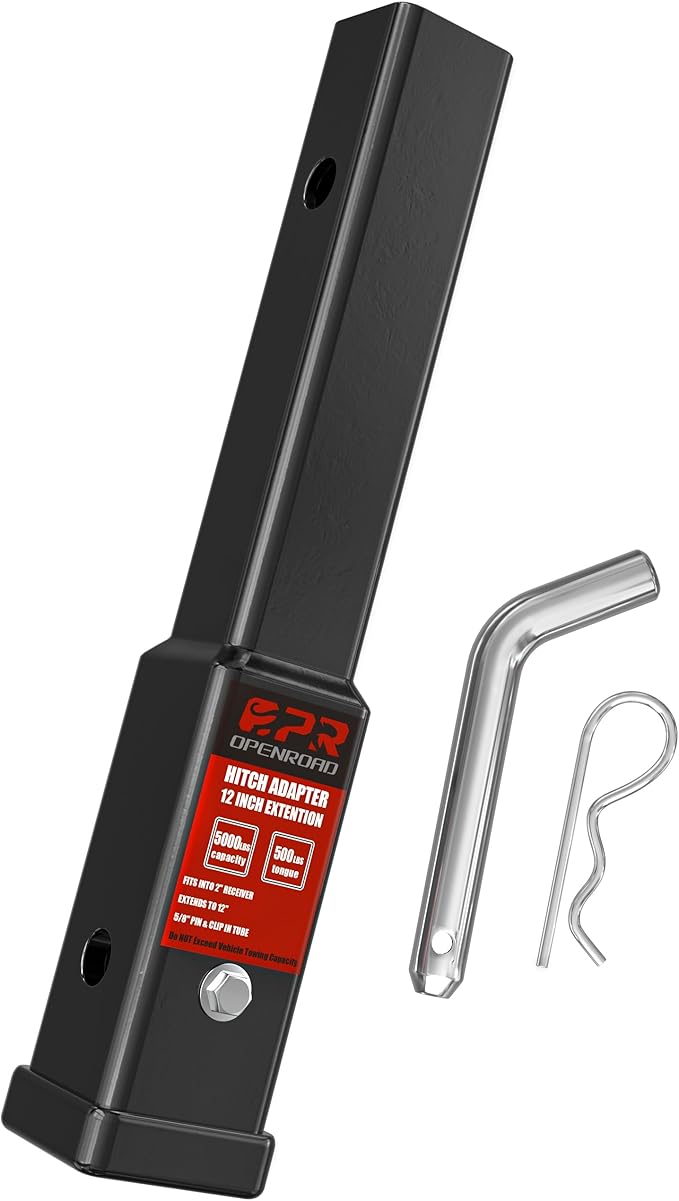 OPENROAD Trailer Hitch Extension，12 inch Hitch Extender Length for 2-inch Receiver Tube Extender,5000lbs GTW,500 lbs TW,Includes 5/8'' Hitch Pin