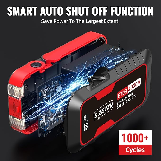 S ZEVZO ET03 Car Jump Starter 4000A Jump Starter Battery Pack for Up to 8.0L Gas and 7.0L Diesel Engines, 74Wh Portable 12V Jump Box with USB Ports, LCD Display, Storage Case, and LED Light