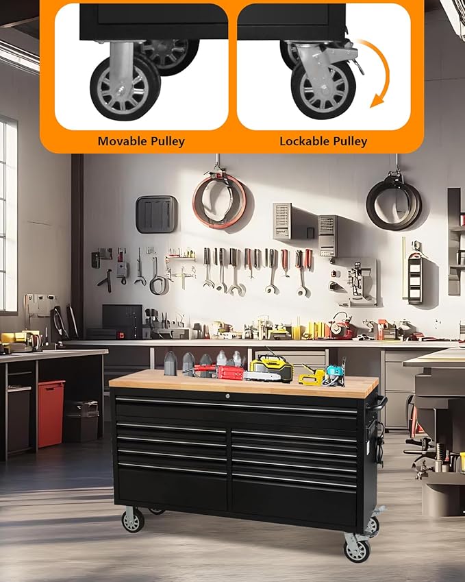 61-Inch Heavy-Duty Rolling Tool Chest & Mobile Workbench with 9 Drawers, Steel Storage Cabinet with Rubber Wood Top, Key Lock, Drawer Liners and Wheels for Garage, Workshop, Black