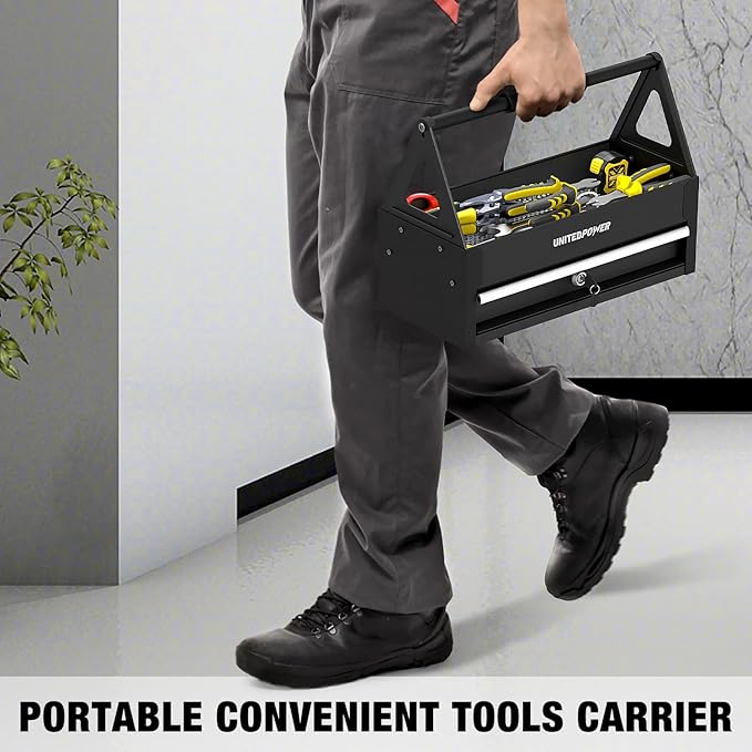 UNITEDPOWER Handy Tool Box With 1 Drawer，Portable Metal Tote Tray with comfortable grip handle, Tool Organization for Household, Warehouse, Repair Shop, Black