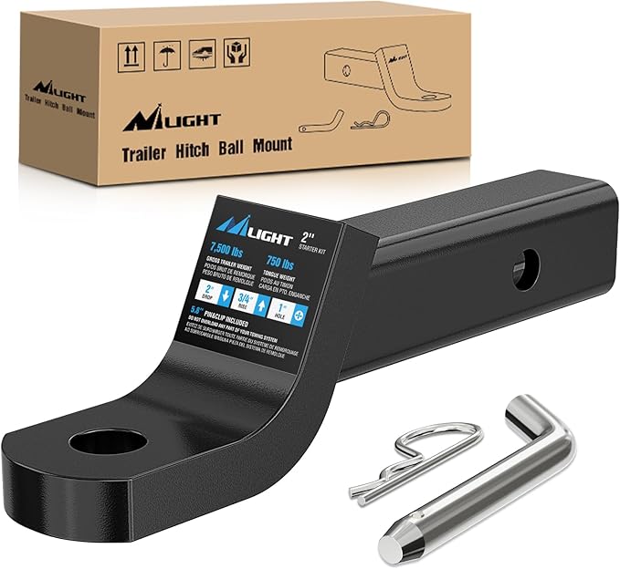 Nilight Trailer Hitch Ball Mount with 5/8" Hitch Pin Clip Fits 2 Inch Receiver Square 7500 lbs 2" Drop, 3/4” Rise, 1” Hole, Gloss Black Powder Coat