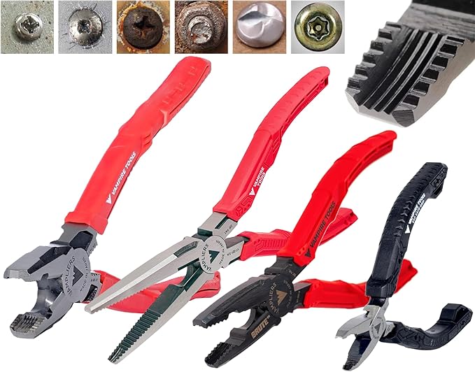 VAMPLIERS 4-PC Screw Extractor Pliers Set. Made in Japan: 8" Linesman, 7.5" Long Nose, 6.25" Black Oxide & 5" ESD Safe Mini Plier. Remove any Stripped/Damaged/Rusted Fasteners