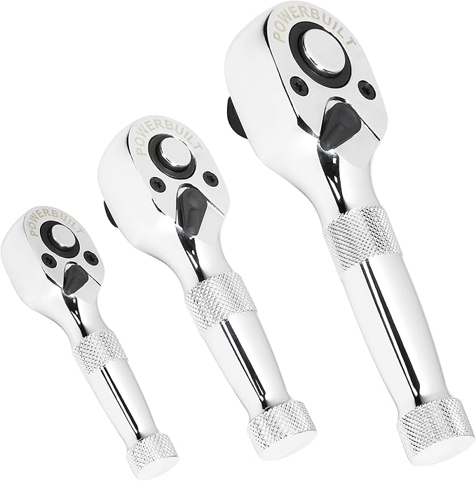 Powerbuilt 3 Piece 1/4-Inch, 3/8-Inch and 1/2-Inch Stubby Ratchet Set, Quick-Release Reversible 90 Tooth, Tight Spaces, Mini Small Ratchet Wrench - 643153ECE