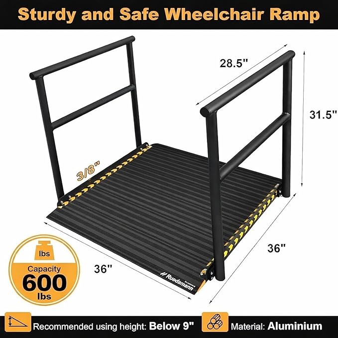 Ruedamann 3'L x 36" W Wheelchair Ramp with Handrails, Aluminum Wheelchair Ramps for Steps, Portable Wheelchair Ramps for Home Steps,Non-Slip Handicap Ramps for Stairs, Doorways, Walkers, Black