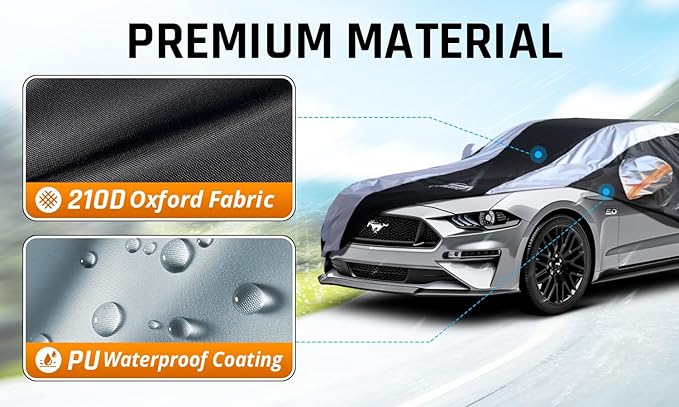 Mustang Car Cover Waterproof All Weather with Silver Strip Design, Custom Fit for Ford Mustang 1994–2025, Mustang Accessory with Door Zipper & Windproof Straps