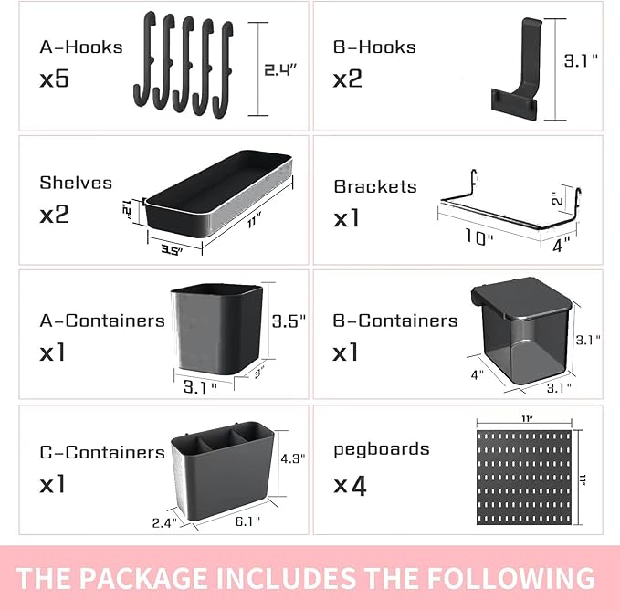 Pegboard Combination Kit and 13 Accessories(Shelf Hook Brackets Container) No Punching for Garage Kitchen Living Room Bathroom Office 22"x22",Pegboard Wall Organizer (Upgraded)