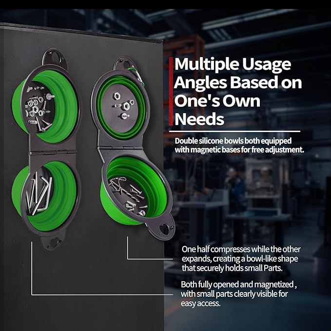 Collapsible Magnetic Parts Tray Set, New Upgraded Version Magnetic Trays, Integrated 5.1" Round Dual Silicone Bowls, Multi-Use Nuts And Bolts Organizer, Bonus Hook for On-the-Go Carry (green2.0)