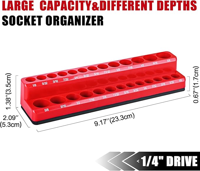 2-Piece Magnetic Socket Holder - 1/4 Inch Drive Metric SAE Socket Trays Tool Storage Set - Holds 52 Sockets for Tool Box Drawer
