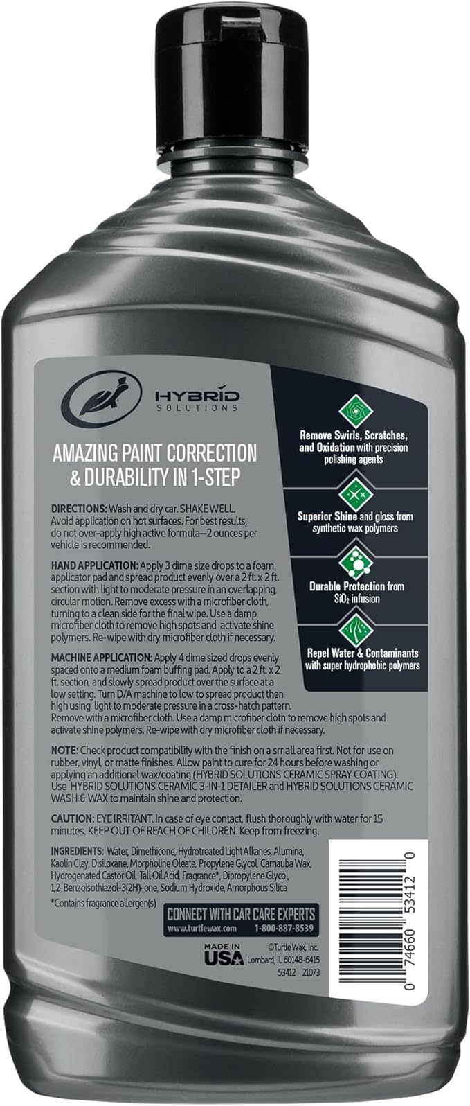 Turtle Wax Hybrid Solutions Ceramic Car Polish and Wax, Light Scratch Remover, Durable Paint Protection, Extreme Water Beading, High Gloss Shine, Hand or Machine Polisher Use, 14 oz (Pack of 3)