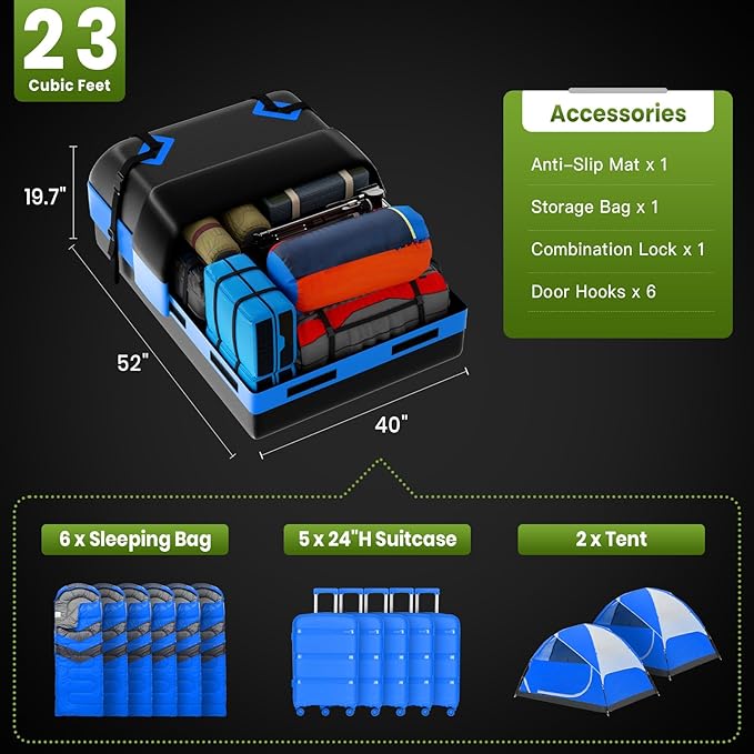 APTY 23 Cubic Feet Car Rooftop Cargo Bag Carrier, Soft Roof Top Luggage Bag for All Vechicles with/Without Racks - with Waterproof Zip, Luggage Lock, Anti-Slip Mat, Storage Bag, Door Hooks, Blue