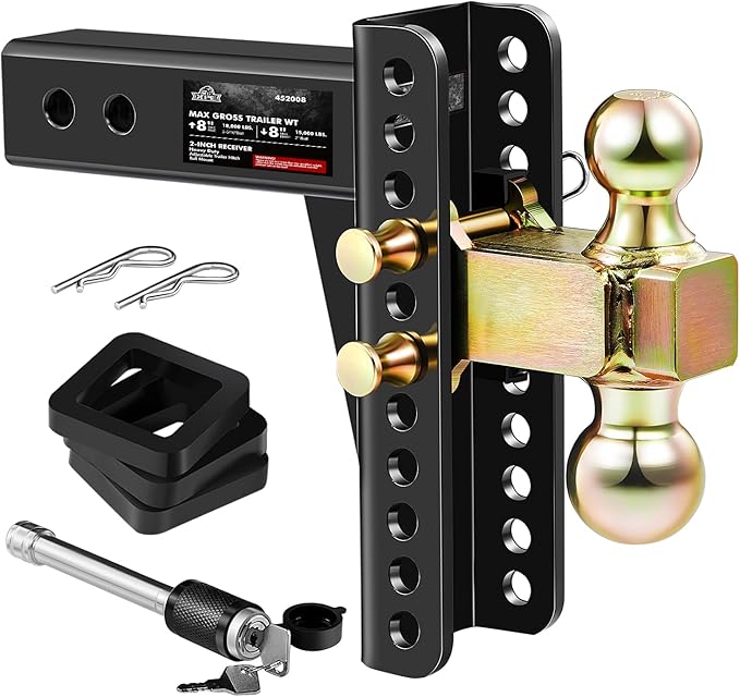 Adjustable Trailer Hitch, Fits 2.0-Inch Receiver, 8-Inch Drop/Rise,2" & 2-5/16" Ball Hitches for Trucks, 18,000 LBS GTW - Receiver Hitch with Anti-Theft Pin, Solid Ball Mount, BLK,X-452008