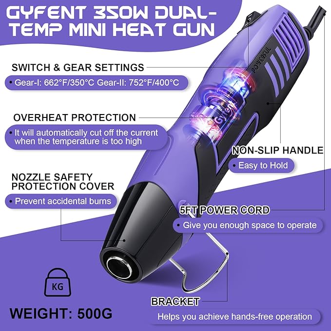 Heat Gun with 100Pcs Solder Seal Wire Connectors & 200Pcs Heat Shrink Tubing, 662°F/752°F(350°C/400°C) 350W 2-Temp Mini Heat Gun with 5Ft Power Cord for Crafting Shrink Tubing Embossing DIY
