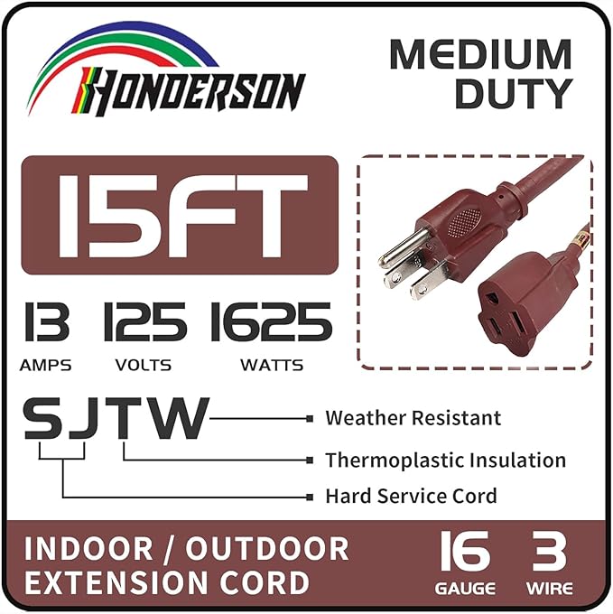 15FT Brown Outdoor Extension Cord-16/3 SJTW Durable Extension Cord for Christmas Lights with 3 Prong Grounded Plug, Great for Outside Christmas Decorations
