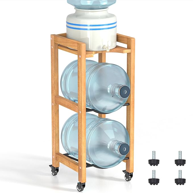 3-Tier 5 Gallon Water Jug Holder with Top Shelf – 4 Metal Wheels or Adjustable Feet – Natural Hardwood Water Dispenser Floor Stand – Wooden Organizer for Kitchen, Office, Garage – Space-Saving Design