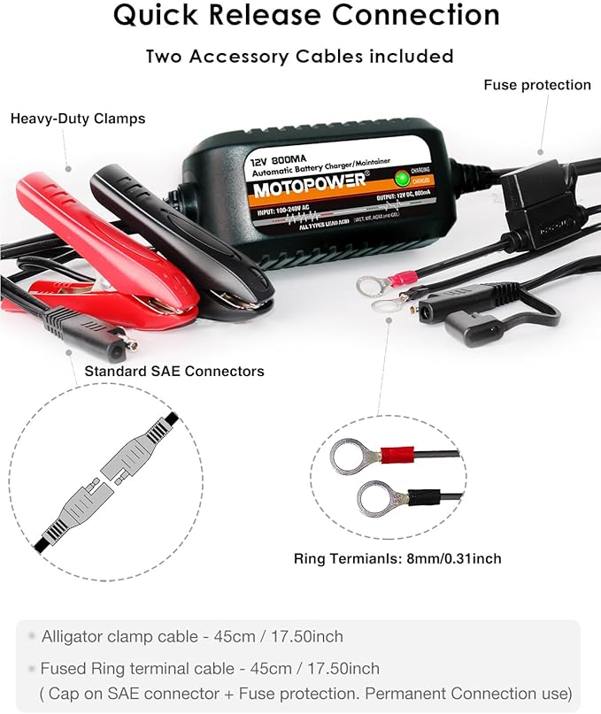 MOTOPOWER MP00205C 12V 800mA Automatic Battery Charger, Battery Maintainer, Trickle Charger, and Battery Desulfator