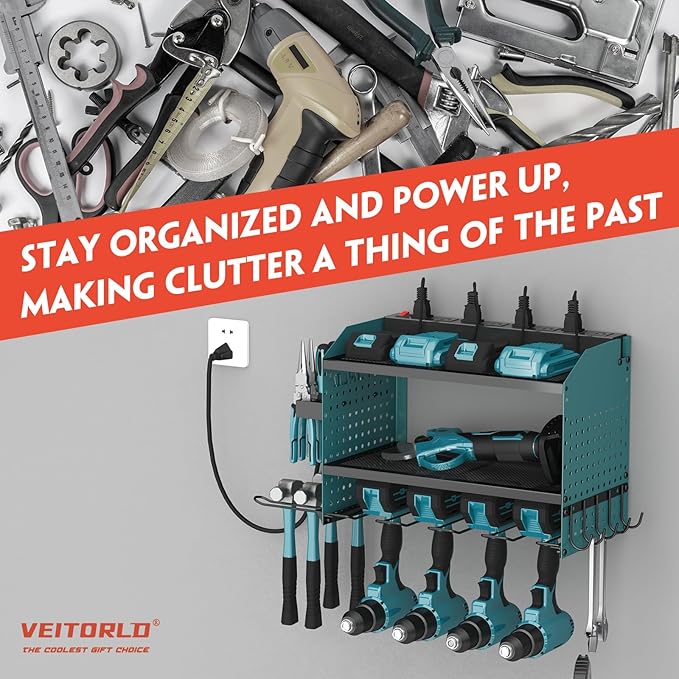 Veitorld Power Tool Organizer with Charging Station, Heavy Duty Modular Wall Mount Rack for Garage & Shed Organization, 4 Drill Holders, Anniversary Birthday Gifts for Him Men Dad Man
