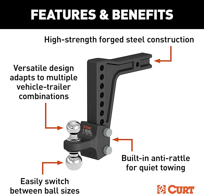 CURT 45936 Deep-Drop Adjustable Trailer Hitch Ball Mount with Dual Ball, 2" Shank, Up to 15,000 lbs