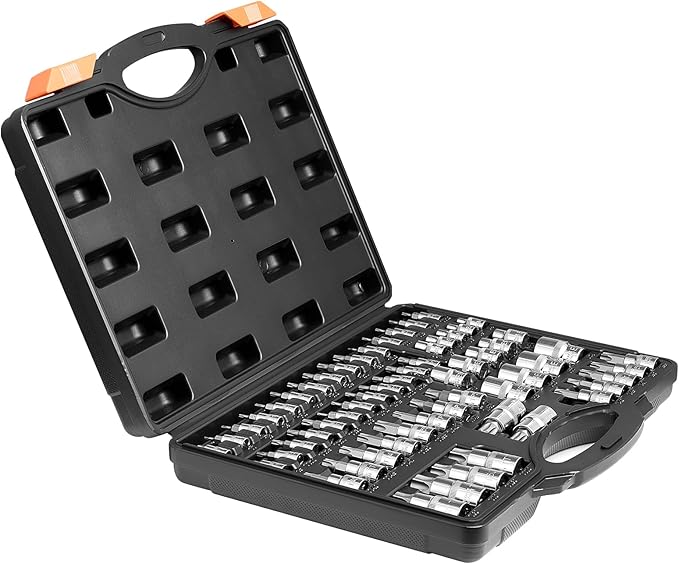 VEVOR Torx Bit Socket and External Torx Socket Set, 60-Piece T6-T70, TT6-TT70, TP8-TP60, E4-E24, S2 Alloy Steel and Cr-V Steel, 1/4 in, 3/8 in, and 1/2 in Drives, with Enhanced Storage Case, Hand Use
