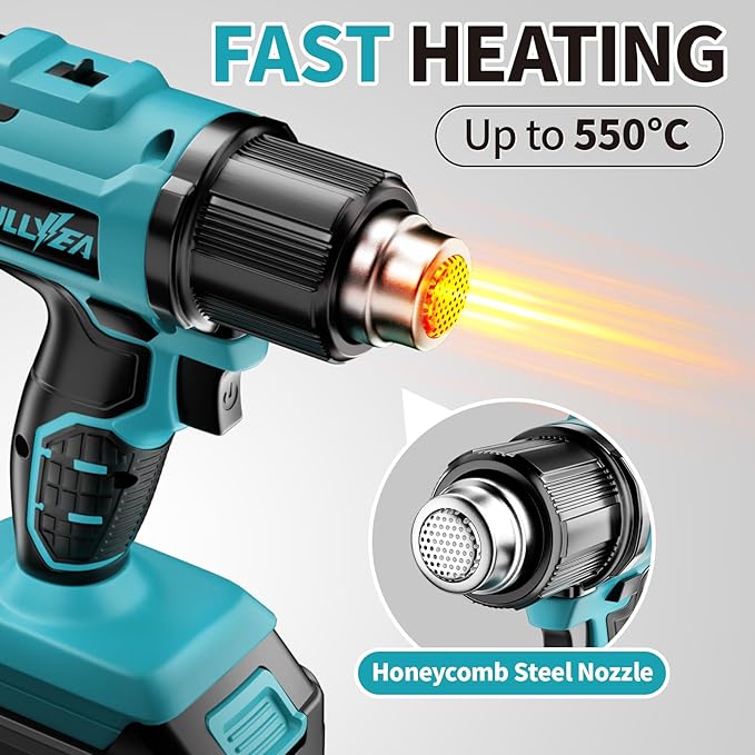 FULLYEA Heat Gun Cordless, Portable Hot Air Gun Kit with 5 Nozzles, Max 550℃/1022℉, Soldering Heat Gun with 2*4.0Ah Battery & Charger, Cordless Heating Gun for Shrink Tubing, Vinyl Wrap, Craft (Blue)