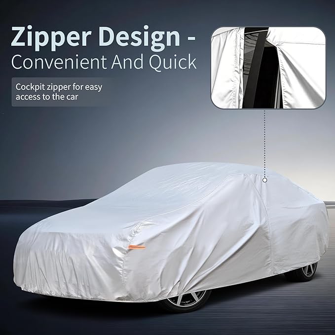 Car Cover Waterproof All-Weather,Heavy-Duty Outdoor Full Exterior Automobiles Snow Cover for Sedan/Coupe 194-203 inch,with Sun Visor,Anti-Scratch Cotton Lining & Zippered,Towel&Storage Bag