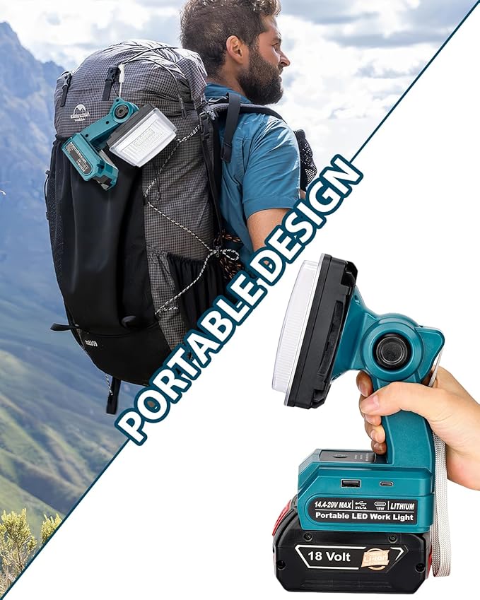 Adisipsoarin Cordless LED Work Light for Bosch 18v Battery, 25W LED Floodlight with USB-A&USB-C 2.1A Fast Charging Ports for Jobsite, Car Repairing, Camping, Emergency