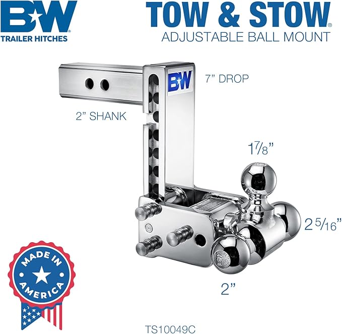 B&W Trailer Hitches Chrome Tow & Stow Adjustable Trailer Hitch Ball Mount - Fits 2" Receiver, Tri-Ball (1-7/8" x 2" x 2-5/16"), 7" Drop, 10,000 GTW - TS10049C