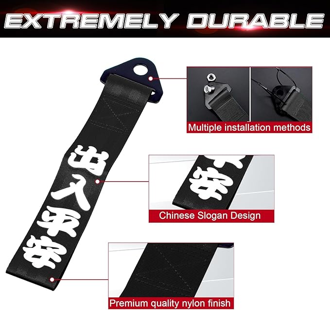 x xotic tech Tow Strap JDM Sports Black Racing Tow Strap Car Modification Decorative Trailer Belt Personalized with Chinese Slogan Fit for Rear Front Bumper (Safe Trip Wherever You go)