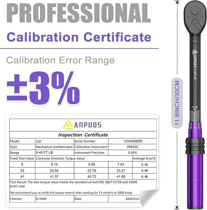 3/8 Inch Drive Click Torque Wrench, 5-45 Ft-Lb/6.8-61Nm, Dual Direction, ±3% Accuracy, 72 Tooth, Lightweight Aluminum Torque Wrench for Bicycle, Moto and Car Spark Plug Repair