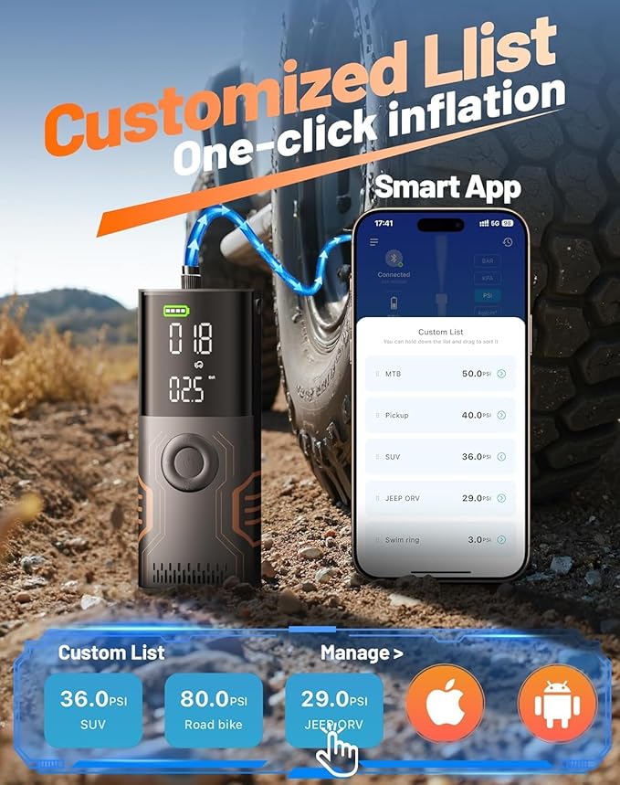 Tire Inflator Portable Air Compressor - Smart APP Air Pump for Car Tires, All-in-One Storage Portable Tire Pump for Car, 3X Speed & Automatic Stop Inflation, for Car, Motorcycle, Bicycle, Ball
