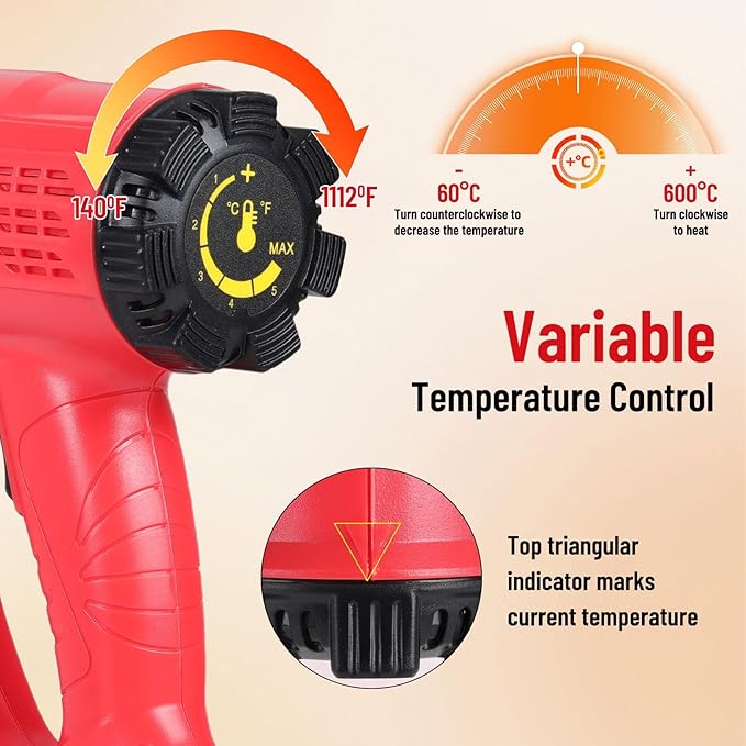 1800W Heat Gun 140℉~1112℉ (60℃-600℃) Fast Heating Heavy Duty Hot Air Gun Kit with Variable & Dual Temperature Settings, Overheat Protection, 5 Nozzles for Crafts (1800W Red Corded Heat Gun)