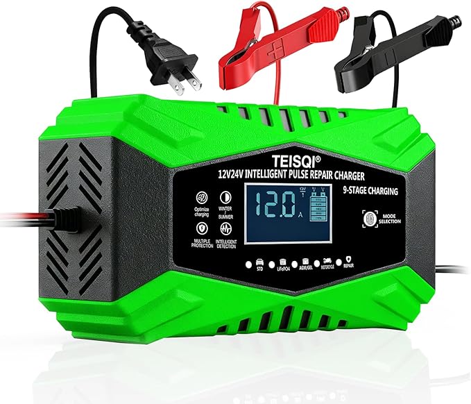 Battery Charger,12-Amp 12V/24V Smart Battery Trickle Charger - Automotive Battery Maintainer Desulfator with Temperature Compensation for Car Motorcycle Mower Marine Lead Acid/LiFePO4 (Green)