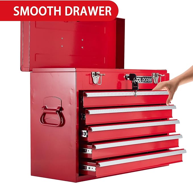 Metal Tool Box with 5 Drawers Portable Steel Tool Chest with Metal Cylinder Lock and Latch Closure, Liner, Red Powder coating, suitable for Garage, Warehouse and Outdoor Repair job