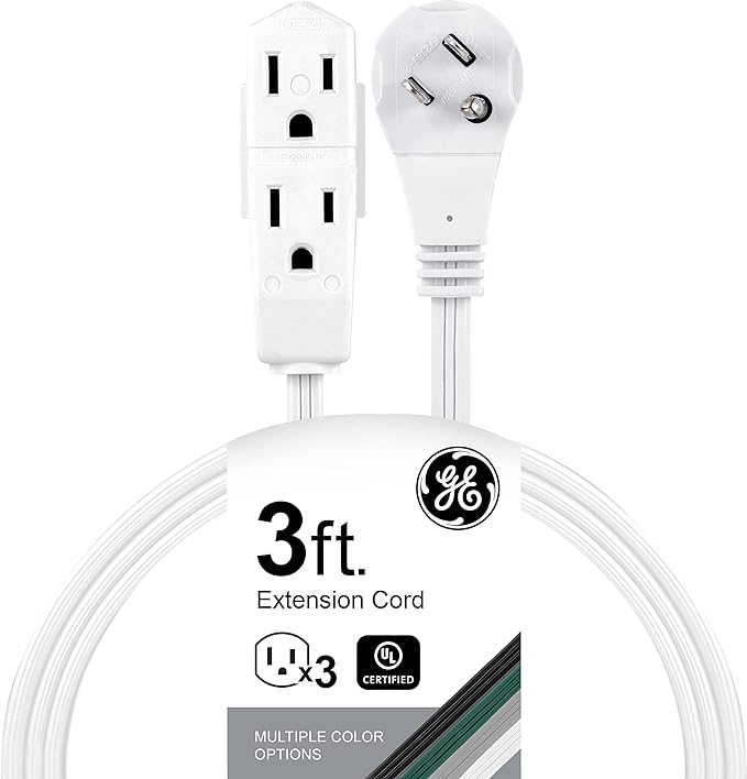 GE 3-Outlet Flat Extension Cord 3 Ft Grounded Extension Cord with Multiple Outlets 3 Prong Outlet Extender Flat Plug Power Strip Indoor 16 Gauge UL Listed White 69869