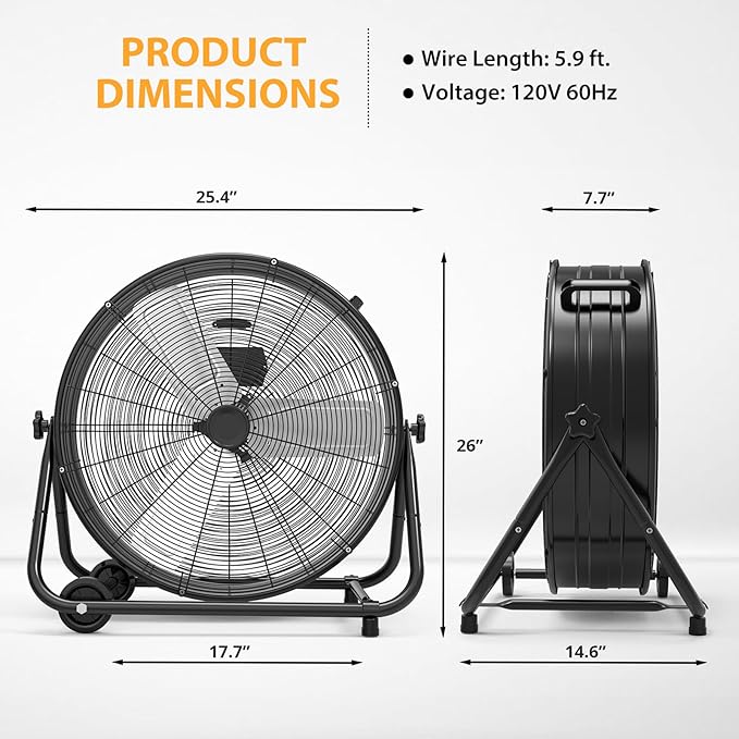 GarveeHome 24 in Industrial Drum Fan, 5700 CFM High Velocity Floor Fan, 3 Speed Heavy Duty Metal Air Circulator Fan, 360° Tilt with Casters Handle, Ideal for Patios, Warehouse, Commercial, Basement
