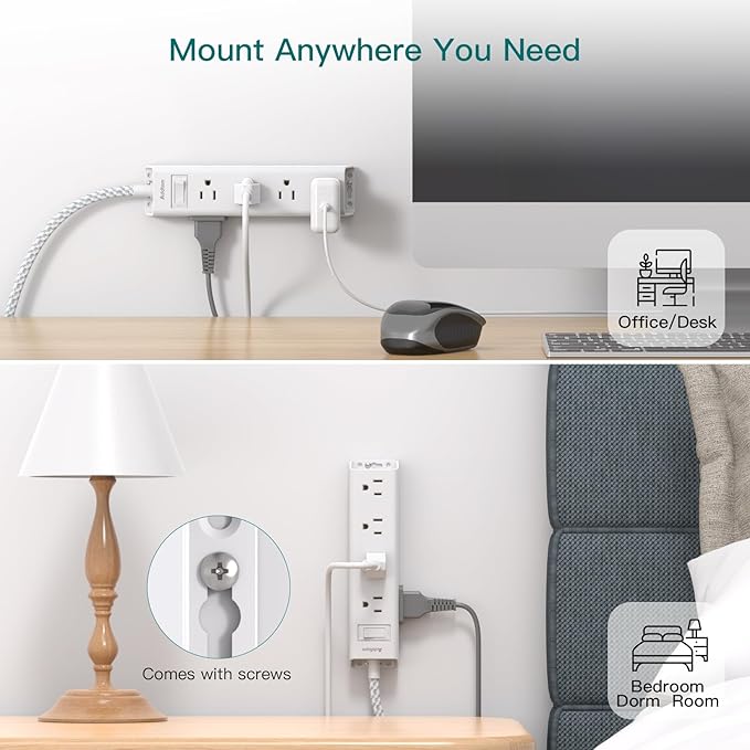 Extension Cord with Multiple Outlets - Addtam Power Strip with 12 Widely AC 3 Sides, 5Ft Extension Cord, 1050J Surge Protector, Wall Mount, Desk Charging Station for Home Office Dorm Room Essentials