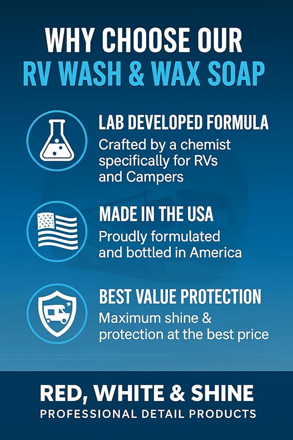 RV Wash and Wax Soap - High Foam Soap Cleaner - Use with Bucket and Water or Foam Cannon. Ultimate RV Detailing Car Wash - UV Protection & Wax - Streak Free - Spot Free - RV and Camper - 1 Gallon