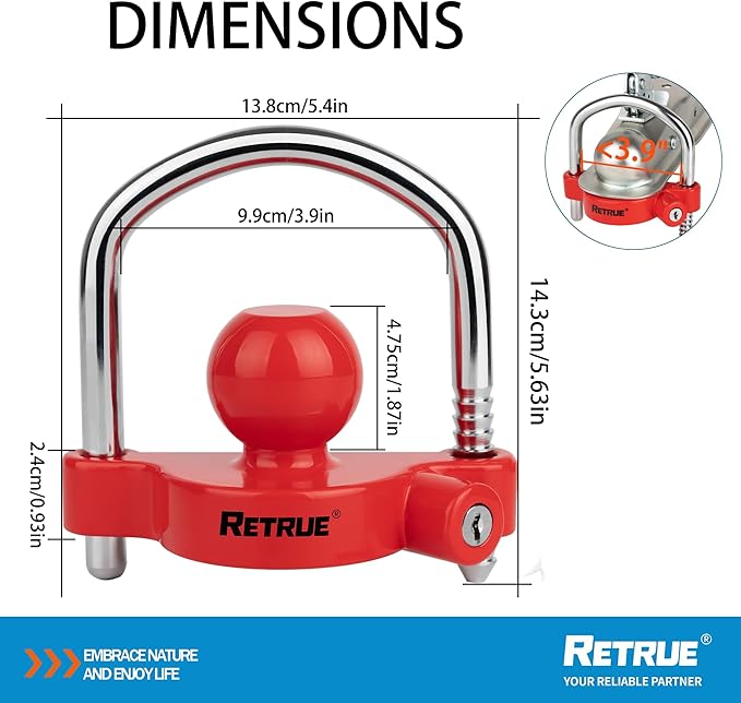 RETRUE Universal Coupler Lock Trailer Locks Ball Hitch Trailer Hitch Lock Adjustable Security Heavy-Duty Steel Fits 1-7/8 Inch, 2 Inch, 2-5/16 Inch Couplers, Red