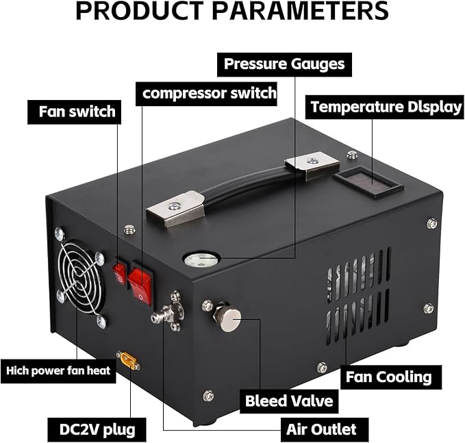 PCP Air Compressor, 4500Psi/30MPa, 12V DC/120V AC Airgun Compressor with Manual Shut-off, Built-in Filter Suitable for Airguns, Paintball Guns, High-Pressure Cylinders, Diving Tanks