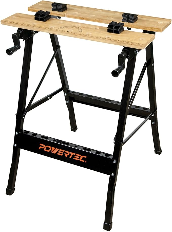 POWERTEC Portable Small Workbench with Vise, Imprinted Ruler and Protractor Scale, Folding Sawhorse/Worktable and 4 Bench Dogs for Woodworking Projects (MT4006)