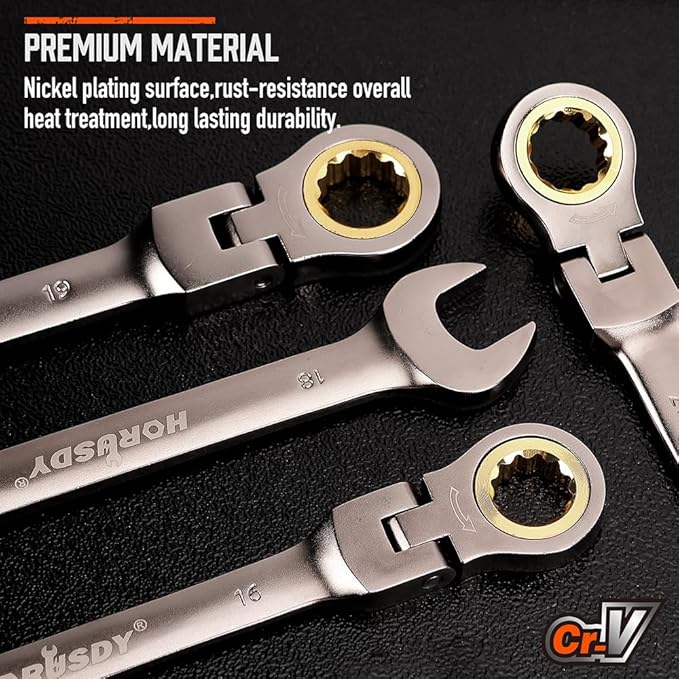 HORUSDY 12-Piece Metric Flex-Head Ratcheting Wrench Set with Organizer | 8-19 mm Ratchet Combination Wrenches Set | 72-Teeth | Chrome Vanadium Steel