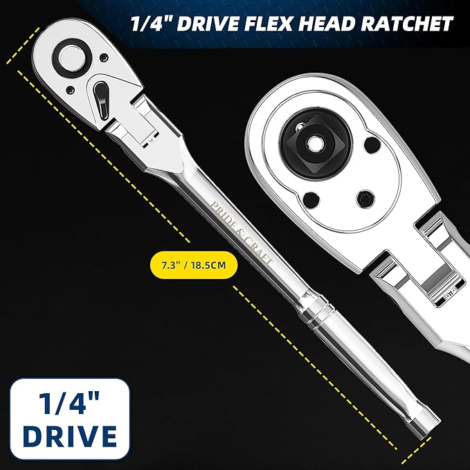 PRIDE&CRAFT 1/4" Drive Flex Head Ratchet 72-Tooth, Socket Wrench Quick Release Reversible Design, Swivel Head Ratchet, Chrome Alloy Made, EVA Organizer