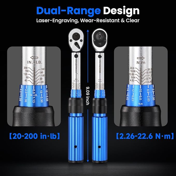 BULLTOOLS ‌1/4 Inch Drive Click Torque Wrench Set, 20-200 in.lb / 2.26-22.6 Nm Inch Pound Torque Wrench 90-Tooth Bike Torque Wrench Set with ±3% Accuracy for Bicycle and MTB Repair