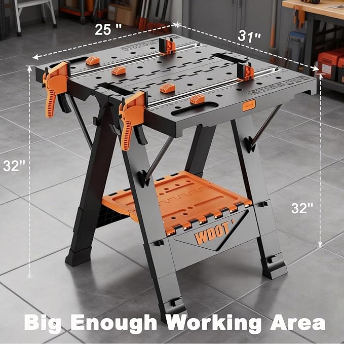2-in-1 Folding Work Bench & Sawhorse, Easy Setup Portable Work Table, 31" W x 25" D x 32" H, Laser-Engraved Scale,Lightweight Worktable with Large Load Capacity, 2 Clamps & 6 Bench Dogs