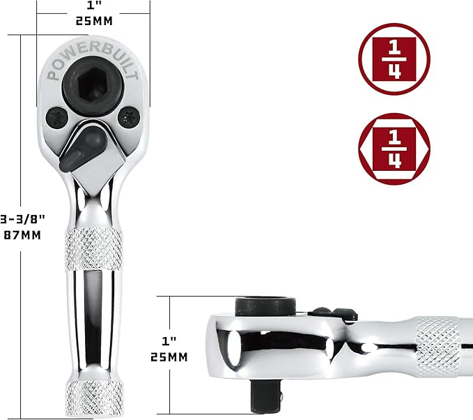 Powerbuilt Stubby Ratchet, Mini 1/4 Inch Ratchet Wrench, Reversible 72 Tooth, Tight Spaces, Quick Release - 940478