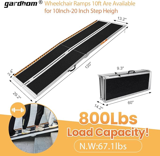 gardhom Wheelchair Ramp 10 Feet, Anti-Slip Aluminum Folding Handicap Ramp Wheelchair Ramps for Home Steps Entrance Threshold Doorways Stairs Curbs Scooter