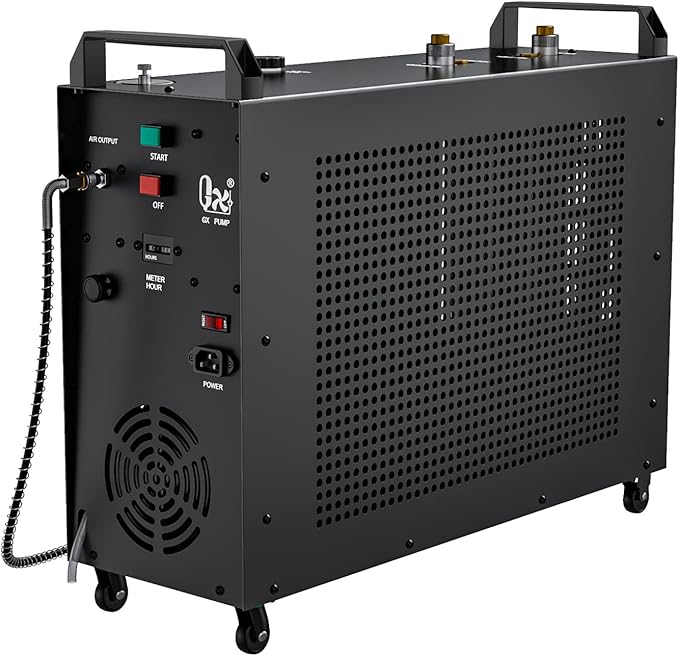 GX-E-5K2 PCP Air Compressor, 5800psi 110V 1200W, Auto-Stop Setting, 2 Pistons & 4 Stages Compression, Water and Fan Cooling, Moisture Filter,10 Hours Continuous Work (5K2 dual cylinders)