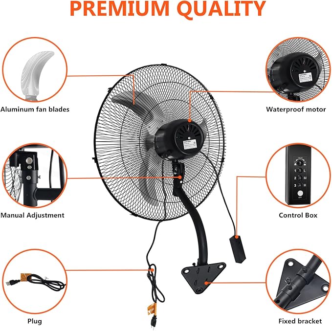 20 Inch Oscillating Wall Mount Fan, 3 Speed High Velocity Powerful, 90° Oscillation & 30° Tilt Cooling, Wall Fan for Home, Offices, Greenhouse, Workshop, Patio, Outdoor, Indoor ETL Certified