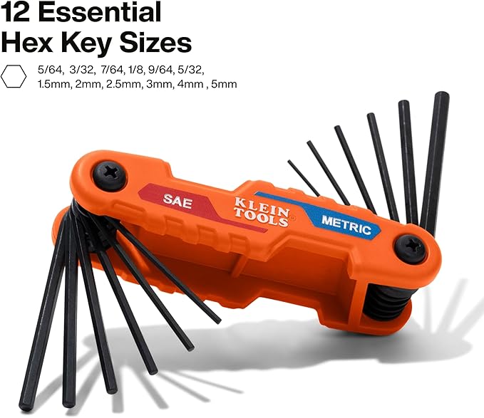 Klein Tools 70590 Compact Folding Hex Key, Metric and SAE Combo Set, 12 Keys, Industrial Strength Heat Treated Alloy Steel